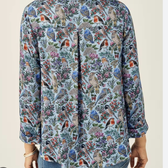 J. Jill Printed Satin V-Neck Popover Blouse Top Shirt Bird Floral Print XL NEW - Picture 4 of 7